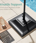 Fillable Mobile Umbrella Base With Four Wheels And Locks Beefy Heavy Duty Square Stand For Patio And Deck 120lb Capacity Sand Weight Easy Mobility Wind Resistant Design Black next to pool