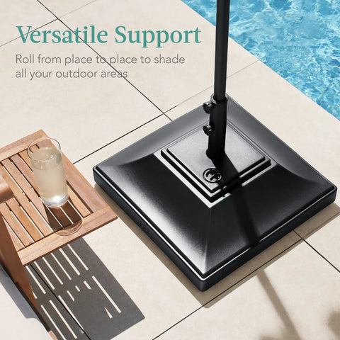 Fillable Mobile Umbrella Base With Four Wheels And Locks Beefy Heavy Duty Square Stand For Patio And Deck 120lb Capacity Sand Weight Easy Mobility Wind Resistant Design Black next to pool