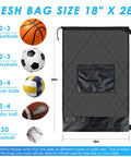 Heavy Duty Mesh Drawstring Bags Set 18x28 inches showing capacity for various sports balls, shoulder strap visible.