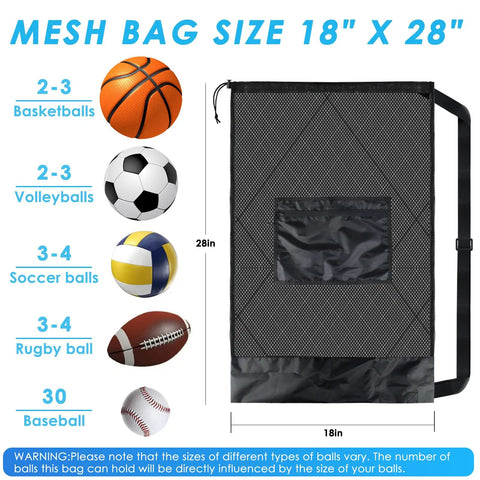 Heavy Duty Mesh Drawstring Bags Set 18x28 inches showing capacity for various sports balls, shoulder strap visible.