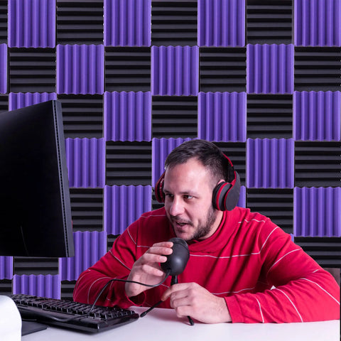 Person using a microphone in front of a wall made of No Nonsense Heavy Duty 2X12 Acoustic Foam Squares And Soundproofing Bricks.