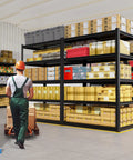 Built Like A Tank Five Tier Garage Shelving Rack With Hefty Steel Build For Boss Level Household Storage Adjustable Utility Organizer 600 Lb Capacity Black Multi Space Setup in a warehouse filled with boxes.