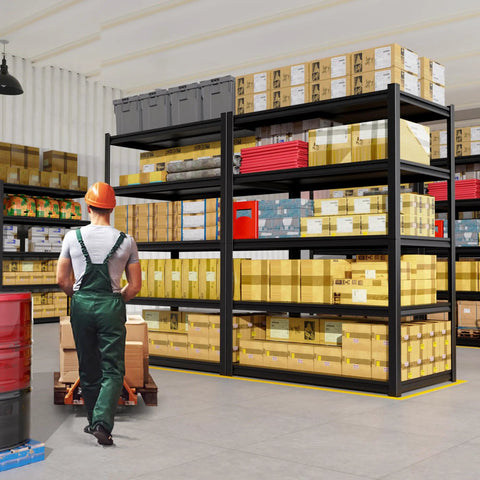 Built Like A Tank Five Tier Garage Shelving Rack With Hefty Steel Build For Boss Level Household Storage Adjustable Utility Organizer 600 Lb Capacity Black Multi Space Setup in a warehouse filled with boxes.