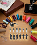 12 Pack Zipper Pull Replacement Kit in black and coffee with sewing supplies and colorful thread spools on a wooden table