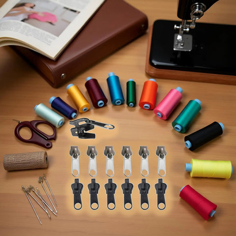 12 Pack Zipper Pull Replacement Kit in black and coffee with sewing supplies and colorful thread spools on a wooden table