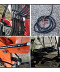 Spiral Wrap Cable Protector for Large Diameter Hoses and Cables, 2.0 inch OD, shown installed on hydraulic lines in industrial setting.