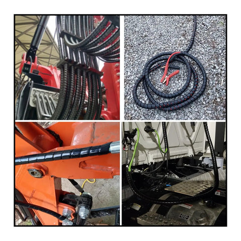 Spiral Wrap Cable Protector for Large Diameter Hoses and Cables, 2.0 inch OD, shown installed on hydraulic lines in industrial setting.