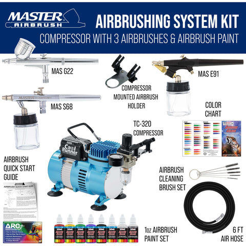 Cool Runner II Airbrush Kit With Dual Fan Compressor, Three Airbrushes, Six Color Acrylic Paint Set, Cleaning Brushes And How-To Manual
