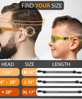 Diagram showing Glasses Strap Holder No Tail With Length Adjusters For Wide And Narrow Temples Adjustable Eyewear Lanyard sizes