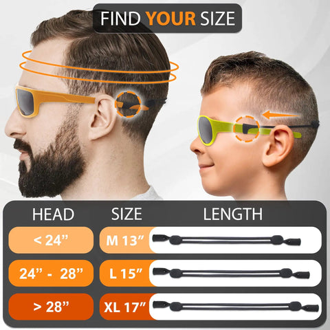 Diagram showing Glasses Strap Holder No Tail With Length Adjusters For Wide And Narrow Temples Adjustable Eyewear Lanyard sizes