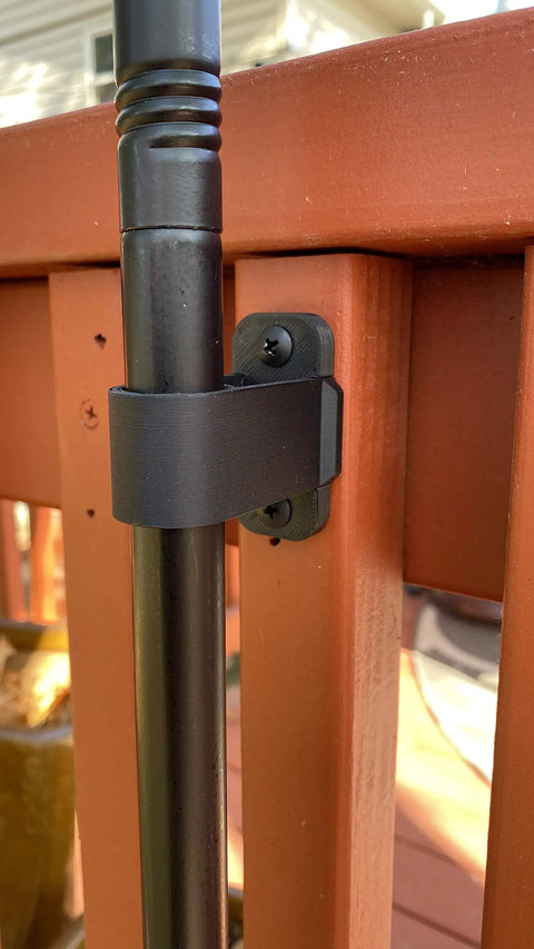 Installed Tiki Torch Deck Or Fence Mount Kit Black For Three Quarter Inch And One Inch Poles on wooden railing