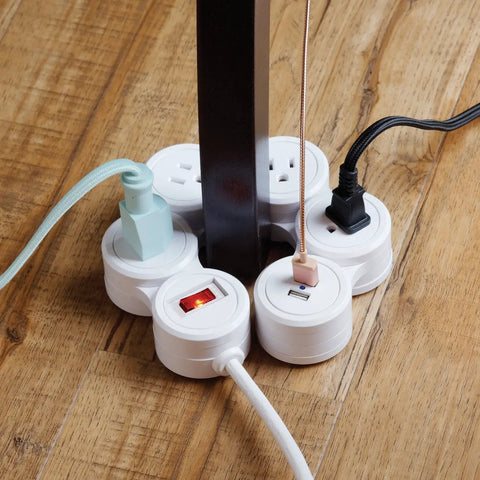 Flexible Surge Protector Power Strip With Four 3 Pin Grounded Outlets Two USB Ports Delivering 3 1A Total White Finish Six Foot Cord Movable Outlets