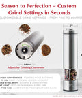 Battery Operated Salt And Pepper Grinder Set With Light Stainless Steel Mills Two Piece Auto One Handed Operation Electronic Adjustable Shakers Ceramic Grinders Rustproof Core For Smooth Grinds And Sleek Kitchen Style, shown with customizable grind settings from fine to coarse, measuring 8.1 inches tall and 2 inches wide.