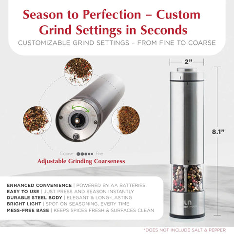 Battery Operated Salt And Pepper Grinder Set With Light Stainless Steel Mills Two Piece Auto One Handed Operation Electronic Adjustable Shakers Ceramic Grinders Rustproof Core For Smooth Grinds And Sleek Kitchen Style, shown with customizable grind settings from fine to coarse, measuring 8.1 inches tall and 2 inches wide.