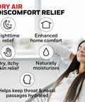 Diagram illustrating dry air discomfort relief benefits, nighttime relief, enhanced comfort, hydration, with relaxed woman.