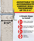 Diagram showing spring toggle bolt anchors in action for 2-1/2 inch walls with installation steps visible.