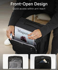 Person accessing magazine from Black Underseat Carry-On Luggage With Spinner Wheels, Soft Sided 15 Inch Travel Case, front-open design