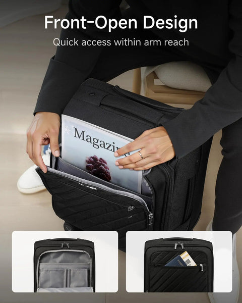 Person accessing magazine from Black Underseat Carry-On Luggage With Spinner Wheels, Soft Sided 15 Inch Travel Case, front-open design