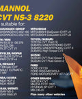 Mannol CVT NS-3 8220 compatibility list with orange funnel pouring fluid, for Nissan, Mitsubishi, more vehicle brands