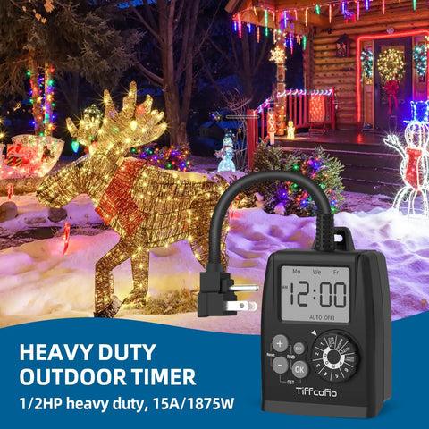 No Sweat Digital Outdoor Timer Outlet Featuring Easy Dial Programming And A Huge Clear Display waterproof dual socket with holiday lights