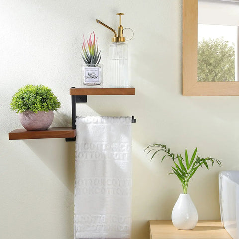 Floating Bathroom Shelves With Toilet Paper Holder Wall Mount Wooden Shelf And Black Metal Roll Holder Brown Wood Finish