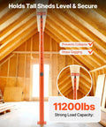 VEVOR 2 Pack Telescoping Jack Posts Heavy Duty Steel Support Beams Adjustable House Floor Jacks supporting a shed with 11200 lbs capacity.