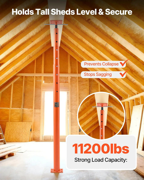VEVOR 2 Pack Telescoping Jack Posts Heavy Duty Steel Support Beams Adjustable House Floor Jacks supporting a shed with 11200 lbs capacity.