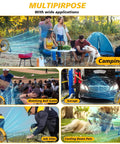 Collage of 12 Inch Battery Powered Floor Fan with 20V Max Batteries in use at various locations: camp, garage, sports event, job site, pet cooling area