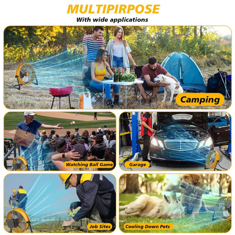 Collage of 12 Inch Battery Powered Floor Fan with 20V Max Batteries in use at various locations: camp, garage, sports event, job site, pet cooling area