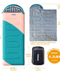 Roomy 32F Sleeping Bag For Adults Kids And Teens All Season Camping Gear For Winter Cold Weather Lightweight Yet Warm 86 Inch Long With Three Zippers Perfect For Travel And Outdoors For Campouts showing features and dimensions.
