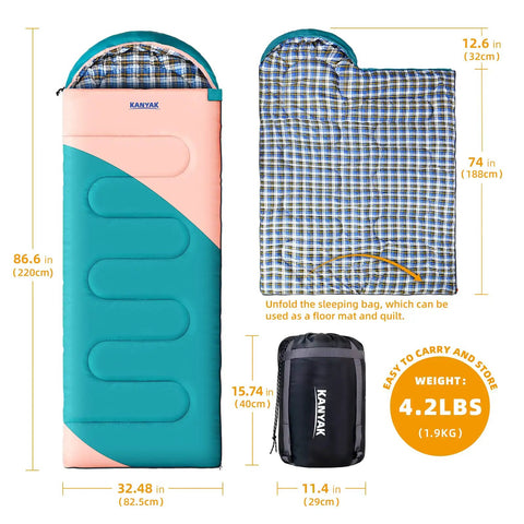 Roomy 32F Sleeping Bag For Adults Kids And Teens All Season Camping Gear For Winter Cold Weather Lightweight Yet Warm 86 Inch Long With Three Zippers Perfect For Travel And Outdoors For Campouts showing features and dimensions.