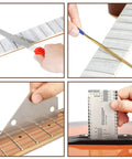 Pro Grade Guitar Luthier Fret Repair Kit with neck rest, leveling tools, cleaning saw files, and string action ruler gauge.