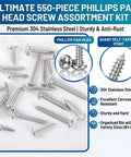 550 Piece Stainless Steel Wood Screw Kit With Self Tapping Phillips Pan Head Screws In 18 Sizes From 1/4 To 1-1/2 Inch shown scattered