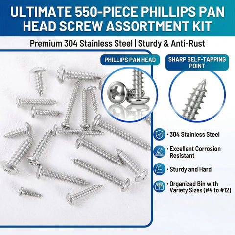 550 Piece Stainless Steel Wood Screw Kit With Self Tapping Phillips Pan Head Screws In 18 Sizes From 1/4 To 1-1/2 Inch shown scattered