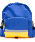 Blue and yellow backpack with front pocket and mesh side pockets