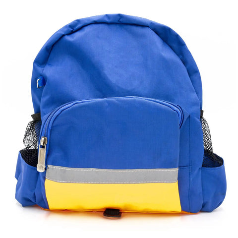 Blue and yellow backpack with front pocket and mesh side pockets