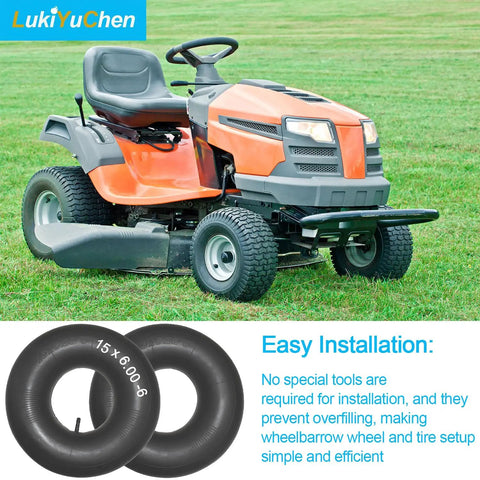 Beefy Heavy Duty Inner Tube For 15x6.00-6 Tires With TR13 Straight Valve Stem next to an orange lawn mower on grass