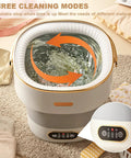 Slick Collapsible Mini Washing Machine With 13L Spin Basket And Quick Flip Design showing three cleaning modes and water agitation.