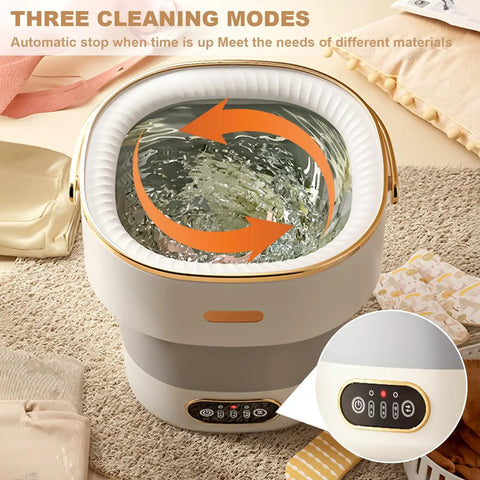 Slick Collapsible Mini Washing Machine With 13L Spin Basket And Quick Flip Design showing three cleaning modes and water agitation.
