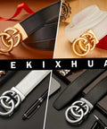 Mens Leather Ratchet Belt With Luxury Designer Buckle, Adjustable Dress Belt For A Perfect Fit, S White 1 Color, 26 To 45 Inch Waist, displayed on a table with pen and watch accessories in different colors.