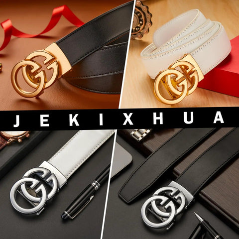 Mens Leather Ratchet Belt With Luxury Designer Buckle, Adjustable Dress Belt For A Perfect Fit, S White 1 Color, 26 To 45 Inch Waist, displayed on a table with pen and watch accessories in different colors.