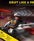 Child riding Dual Motor 24V Electric Go Kart For Kids 6-12 With Adjustable Seat Drift Mode in indoor track, wearing safety gear.