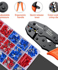 Insulated Wire Terminals Crimping Tool Kit with Ratcheting Crimper, 350 Pcs Insulated Connectors, AWG 20 to 10, color coded jaws.