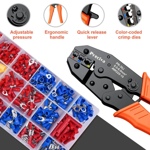 Insulated Wire Terminals Crimping Tool Kit with Ratcheting Crimper, 350 Pcs Insulated Connectors, AWG 20 to 10, color coded jaws.