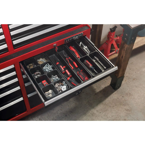 Open drawer of Rolling 41 Inch Workbench With 6 Drawers Tray And Holder Full Extension Soft Close Slides 100 Lb Capacity Per Drawer
