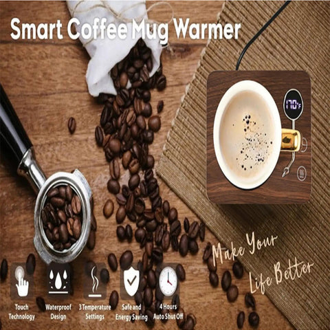 Game Changing Desk Essential Smart Electric Coffee Heated Coaster With Precise Thermostatic Heat Control Adjustable From Forty To Seventy Five Degrees fast warming mug pad with coffee beans on wooden surface.