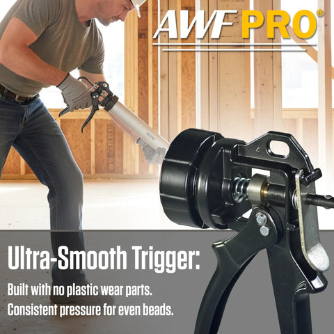 Sausage Caulking Gun With Convertible 20 Oz Foil Pack And 10 Oz Cartridge, 18 To 1 Thrust Ratio, aluminum barrel in use