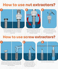 Heavy Duty Screw Extractor Set 26 Pieces Hss Cobalt Bits For Stripped Rusted And Seized Bolts Universal Fit Garage Kit Perfect For Diy Pros And Auto Repair Pros To Bust Those Stubborn Fasteners. Instruction chart for nut and screw extractor use