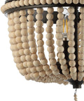 Close-up of Boho Farmhouse 3 Light LED Semi Flush Mount Ceiling Chandelier With Cream Wood Bead Shade Black And Light Taupe Beaded Fixture