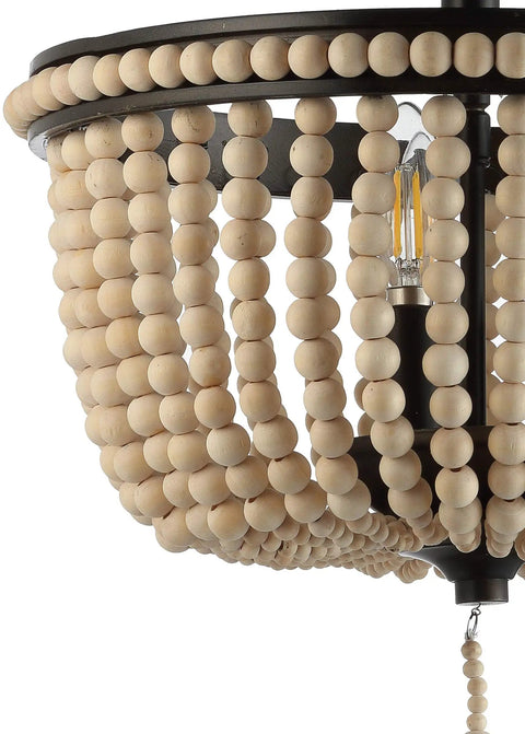 Close-up of Boho Farmhouse 3 Light LED Semi Flush Mount Ceiling Chandelier With Cream Wood Bead Shade Black And Light Taupe Beaded Fixture